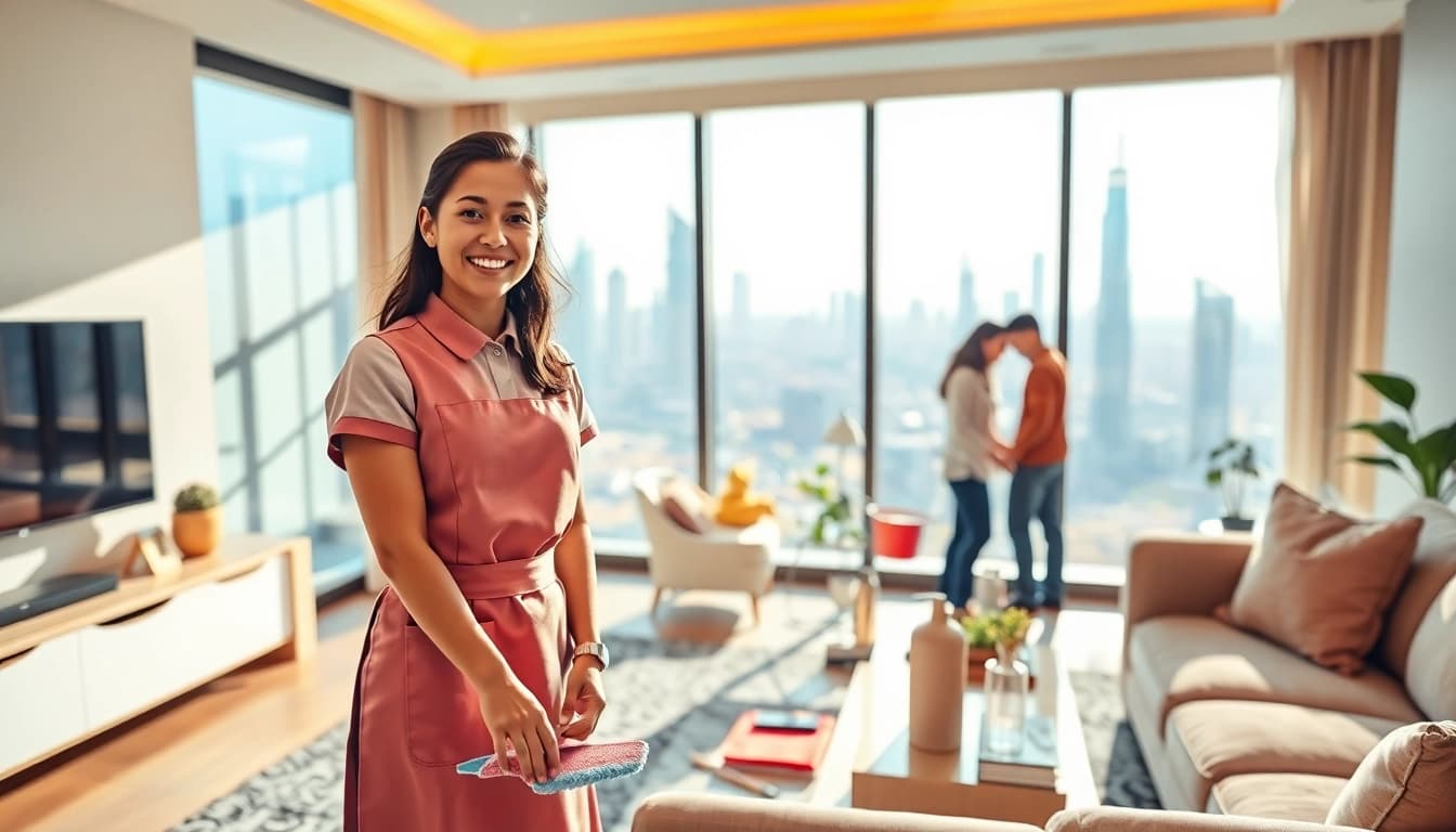 Maid Agency Dubai providing professional cleaning services in a welcoming Dubai apartment.