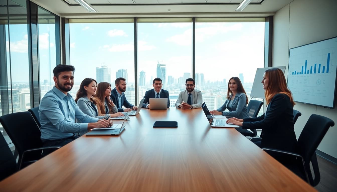 Professional business meeting showcasing diverse professionals discussing strategies.