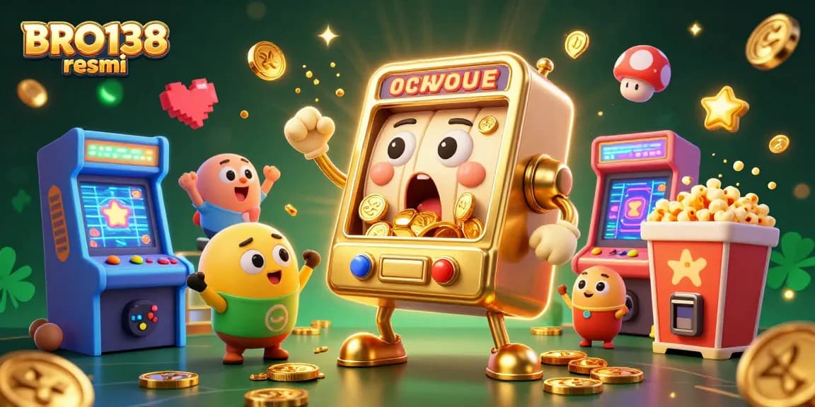 Experience thrilling wins with BRO138 resmi and dynamic slot machine action in this vibrant casino illustration.