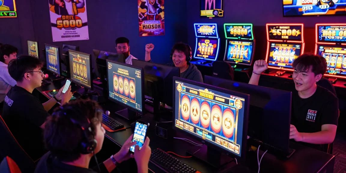 Exciting scene of players in a vibrant gaming setup engaging with slot depo 5000 games, showcasing their enthusiasm and interactions.
