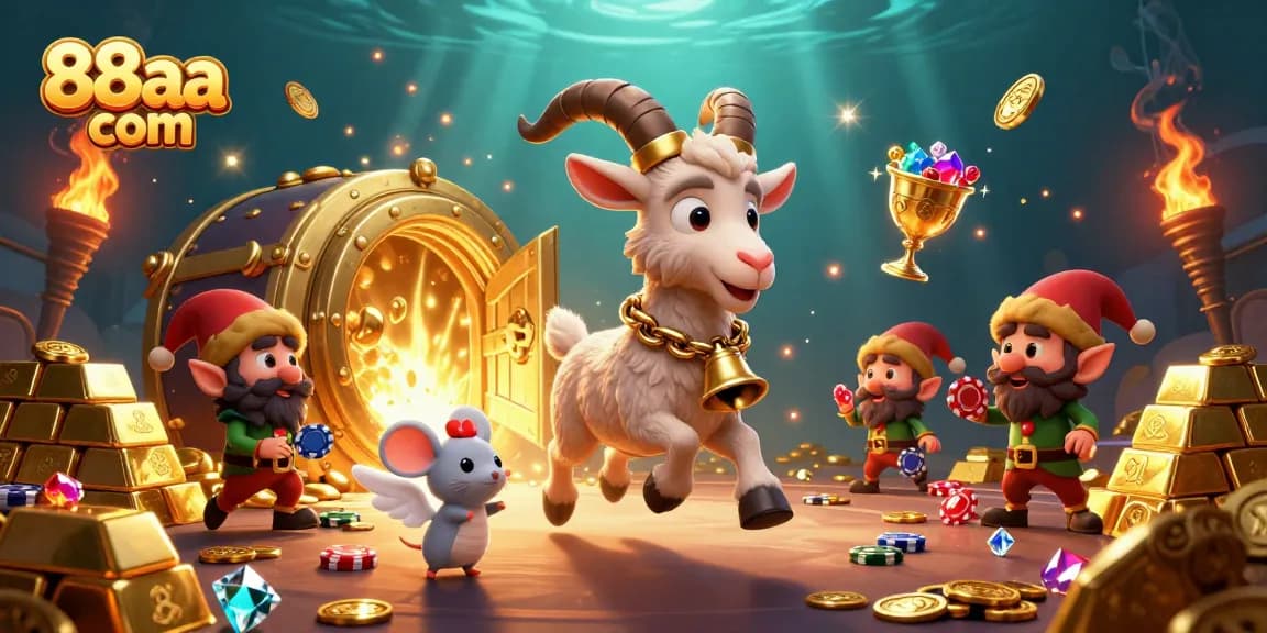 Join the fun at 88aa com with festive casino characters amidst jackpot treasures and vibrant gaming excitement.