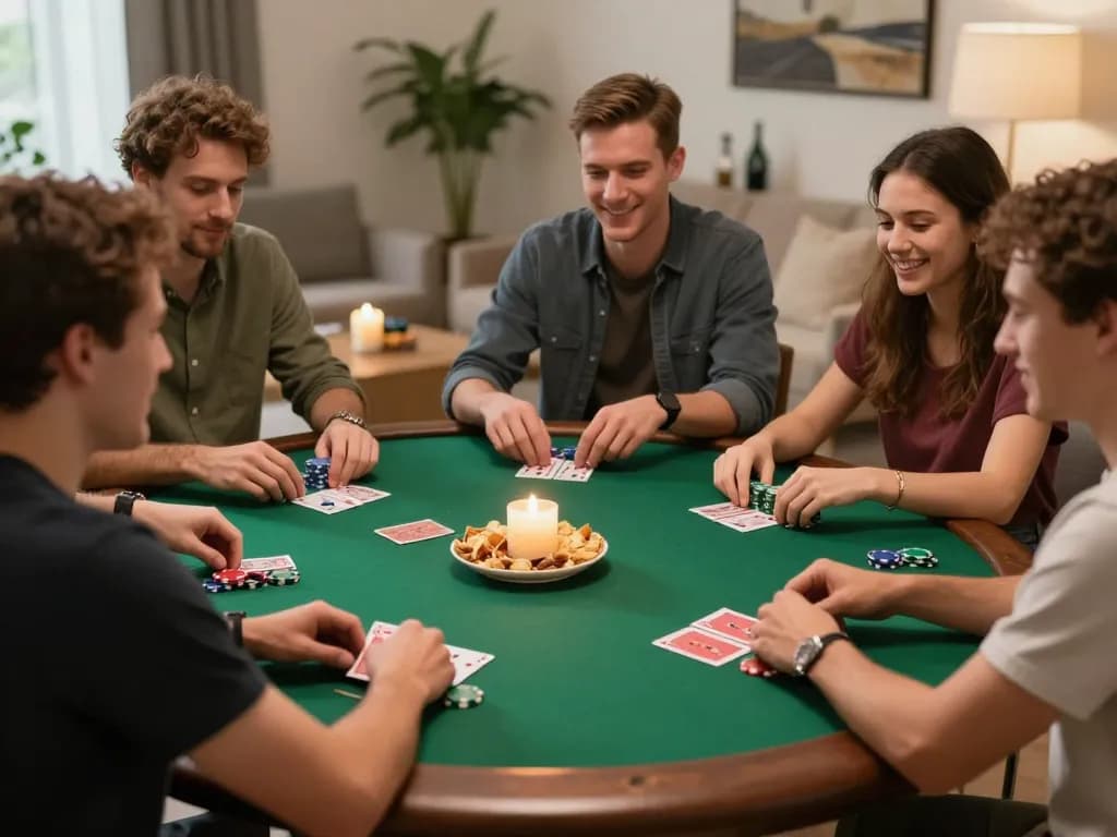 Friends enjoying a lively poker game at home, emphasizing gajah toto strategy and fun.