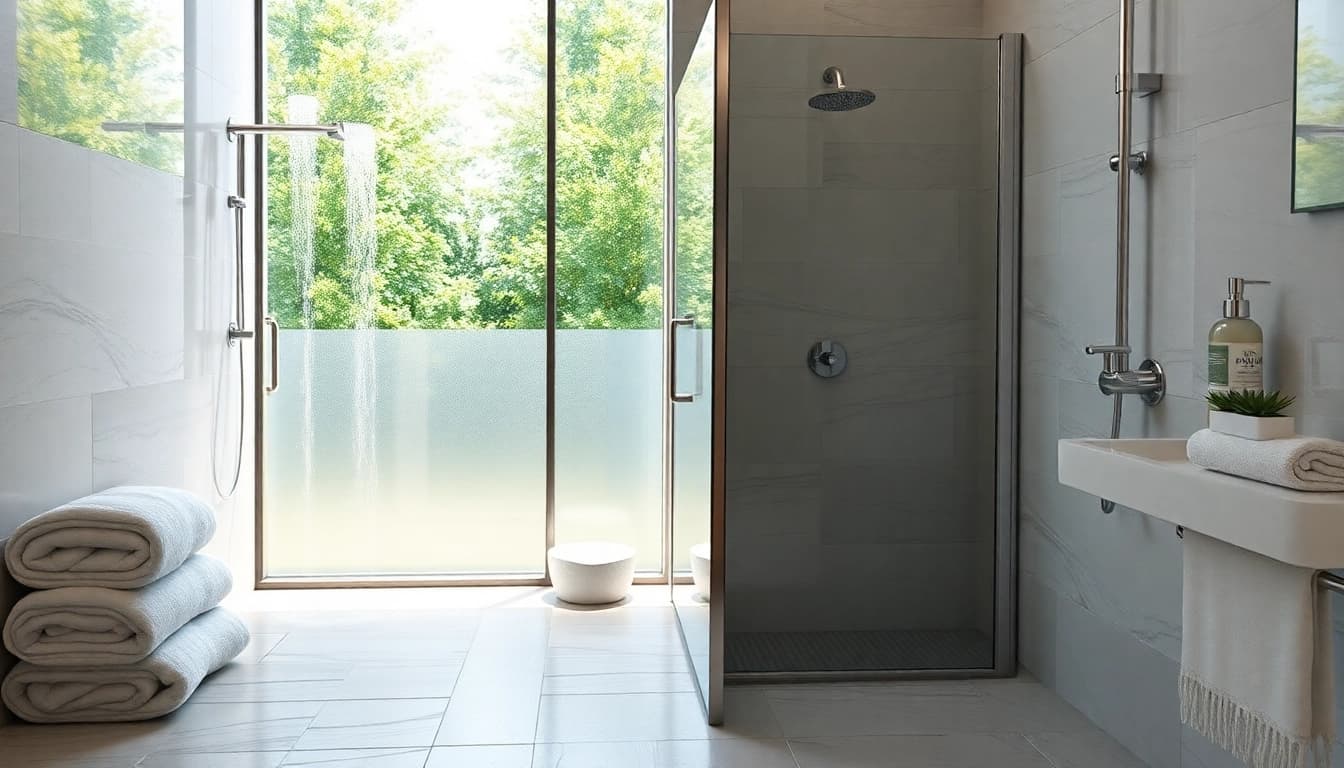 Experience elegant showers in a modern bathroom with stylish design and natural aesthetics.