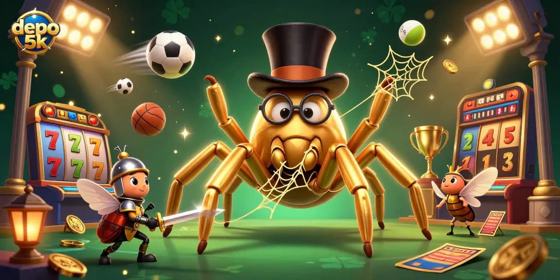 Experience thrill with depo 5k as golden symbols spin in this vibrant casino scene.