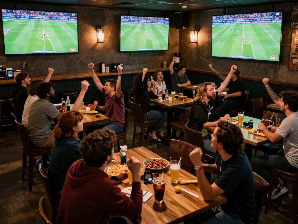 Socolive offers an immersive live football viewing experience in an engaging sports bar setting with fans celebrating.