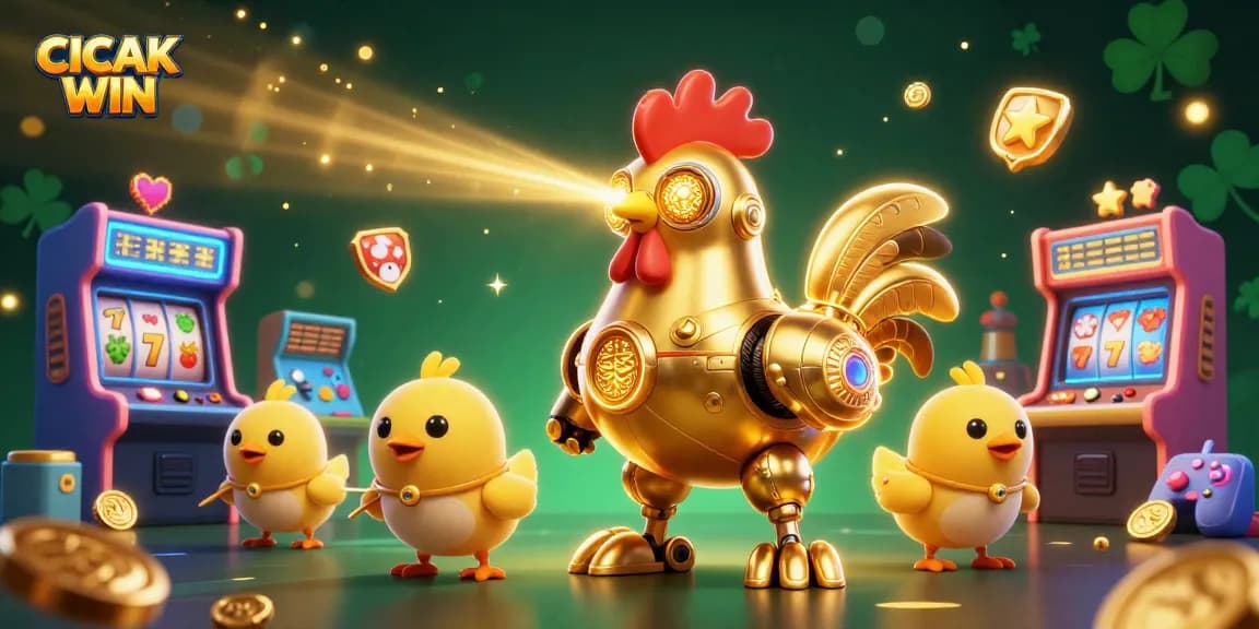 CICAK WIN showcases an exciting casino atmosphere with colorful game elements and characters.