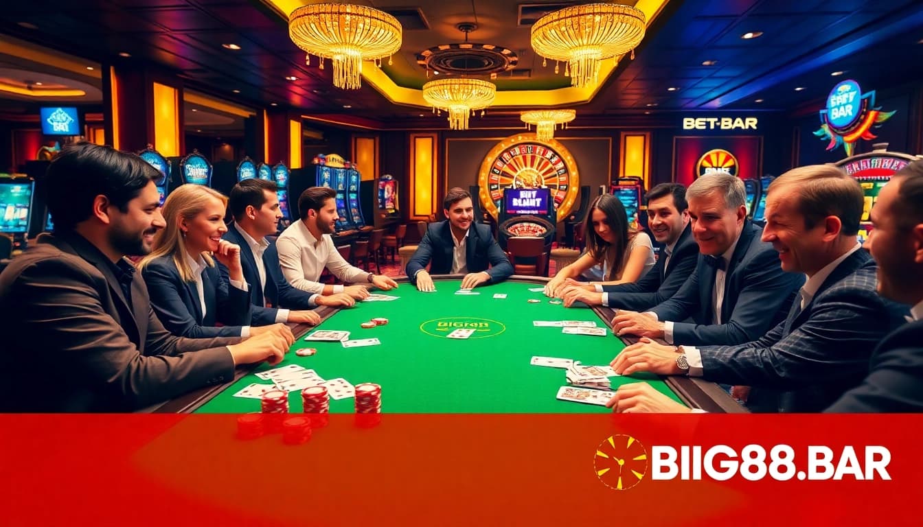 Experience the excitement of poker with BIG88.BAR in a luxurious casino setting, showcasing vibrant chips and cards.