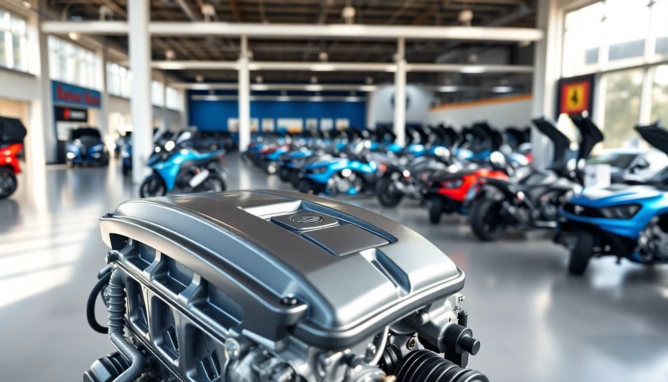 Showcase of used engines in a professional automotive showroom.