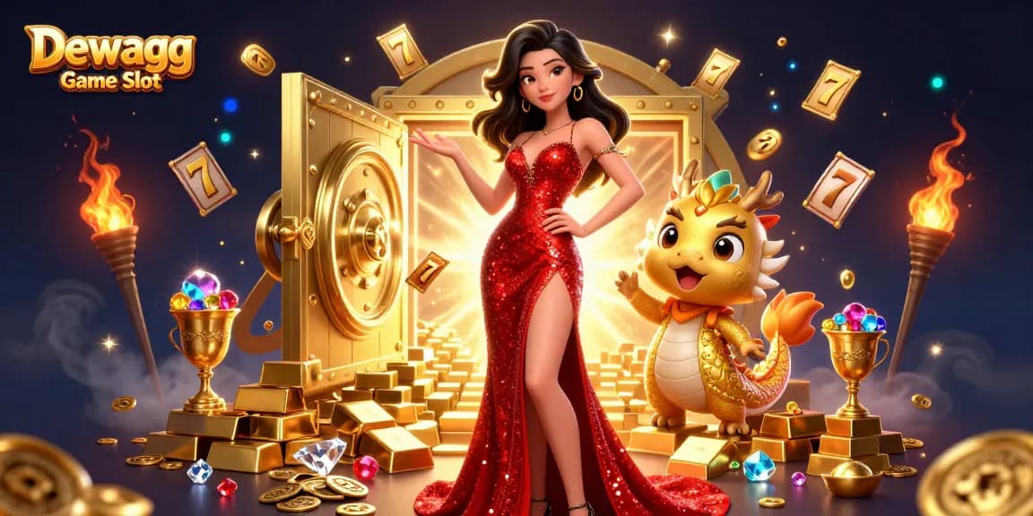 Experience thrilling gameplay with Dewagg Game Slot featuring an elegant woman and dragon amidst gold treasures.