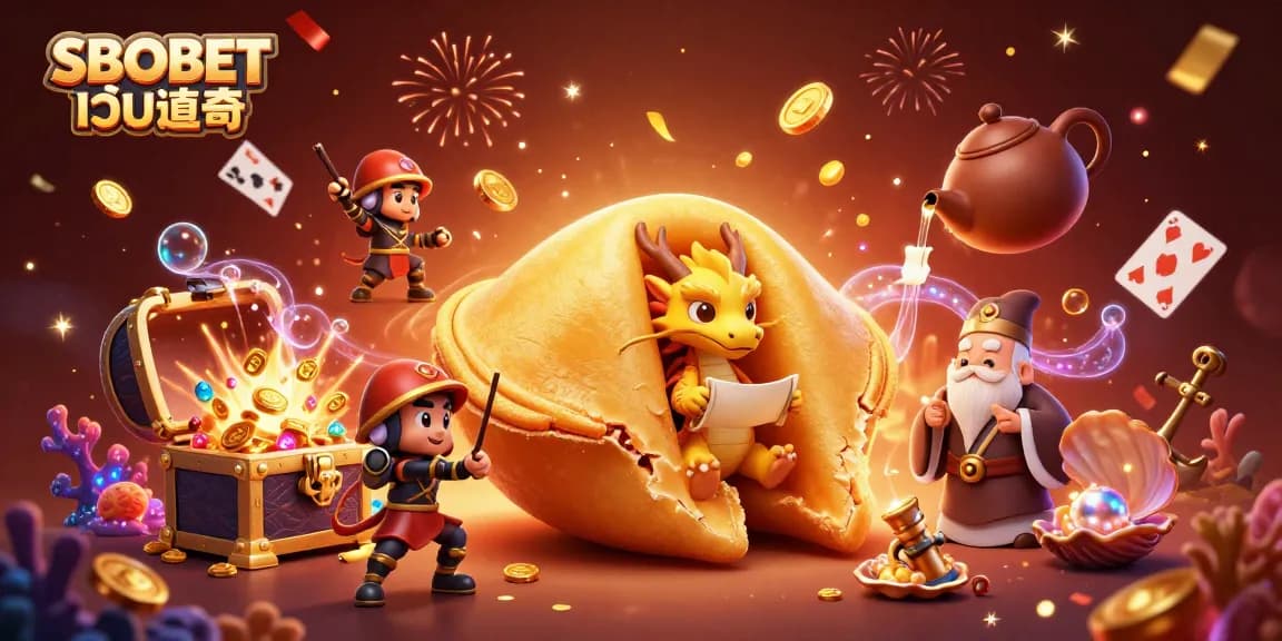 SBOBET เว็บตรง showcases a dynamic casino scene with a golden fortune cookie, dragon, and celebrating warriors amid treasures.