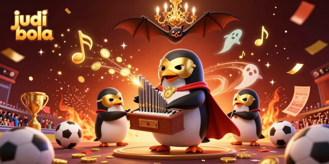 Engage in judi bola excitement with a vibrant scene showcasing a penguin organist amidst soccer elements and festive confetti.