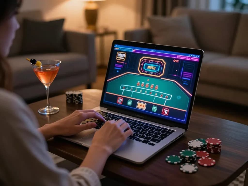 Engaging in an okwin live dealer blackjack game at home, showcasing strategic gameplay and immersive online gambling experience.