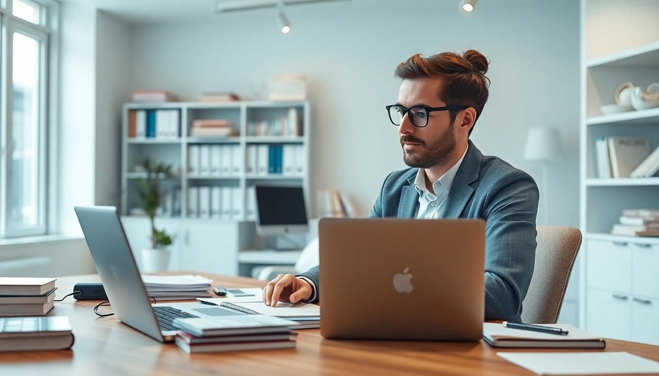 Translating with precision at https://www.elitetranslingo.com, a linguist in a vibrant, modern workspace.