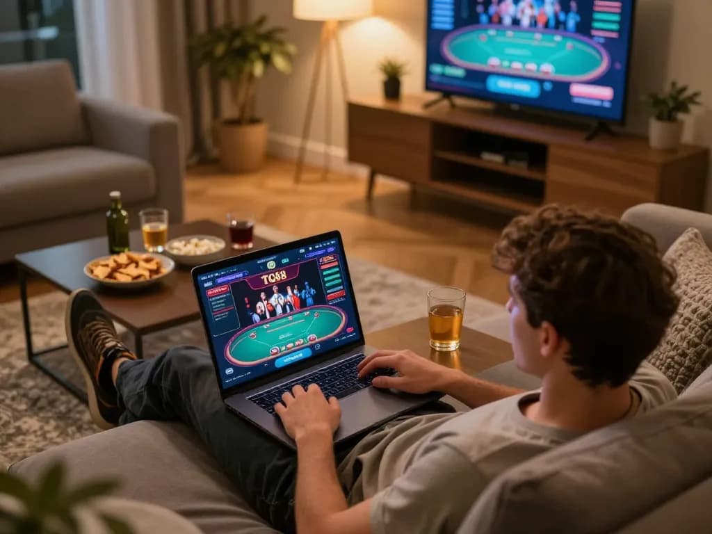 TG88 online gaming session with a player analyzing poker strategies on a laptop in a cozy home setting.