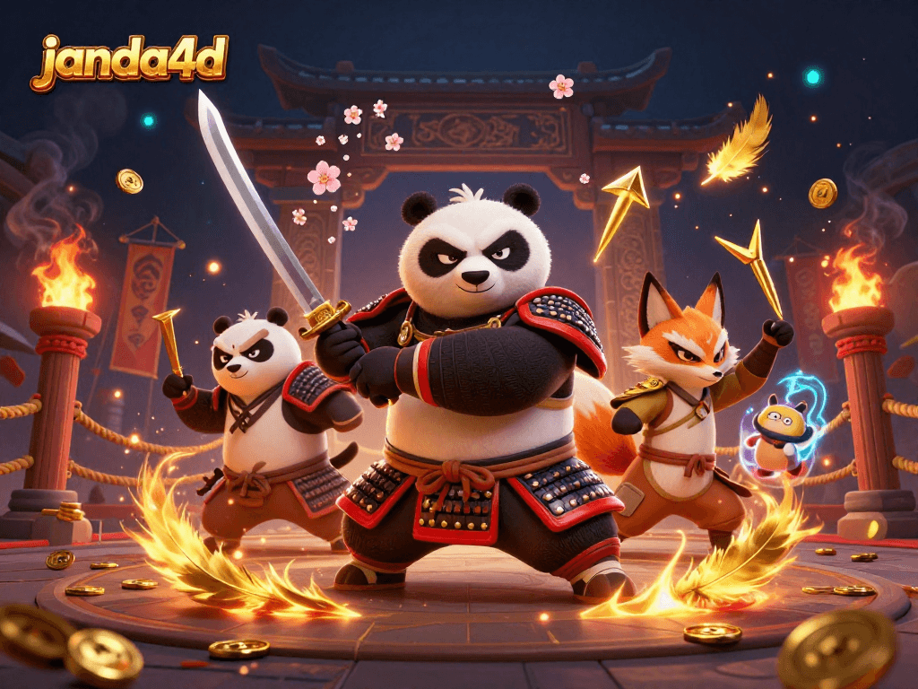 Janda4D menghadirkan aksi seru dengan panda samurai dan ninja fox di arena taruhan.
