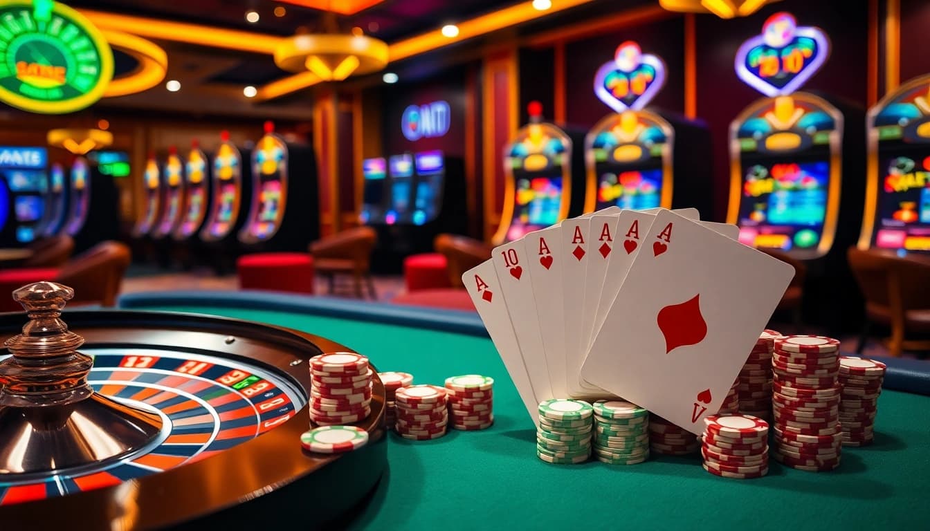 Experience the excitement of high-stakes gambling with "Nếu như vậy bám vào đây" showcasing roulette wheels and poker chips.