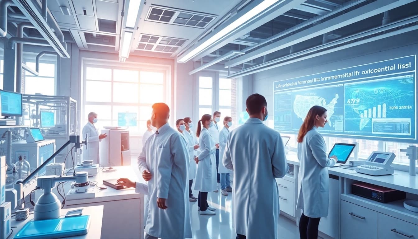 Explore advancements in immortality at www.trilgameshproject.com featuring scientists in a futuristic lab.