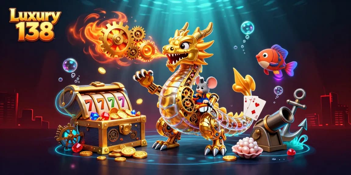 Engage with Luxury 138 by spinning slot reels in a vibrant, underwater-themed casino illustration.