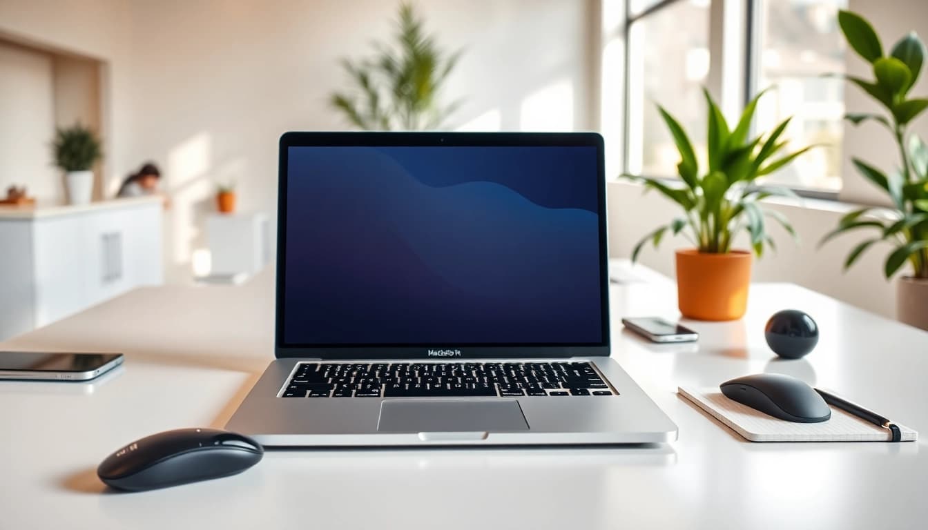 MacBook Pro M3 destacado en un escritorio moderno con detalles nítidos y tecnología contemporánea.