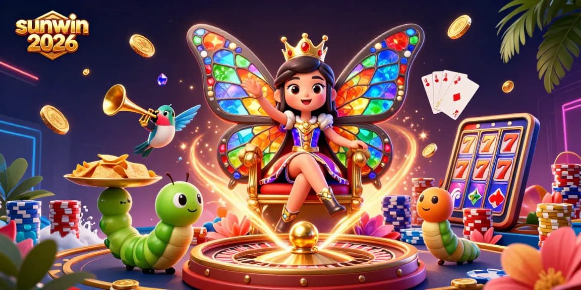 Play vibrant games at sunwin 2026 with cascading golden coins, poker chips, and a whimsical butterfly queen.