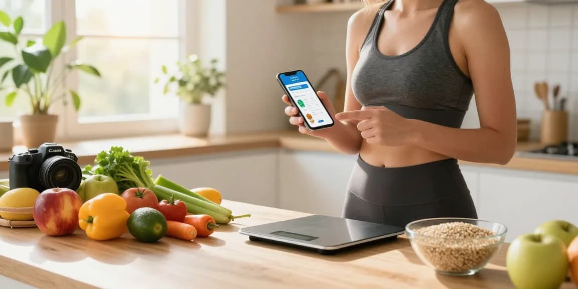 Tracking food intake with the best calorie tracker in a bright kitchen.