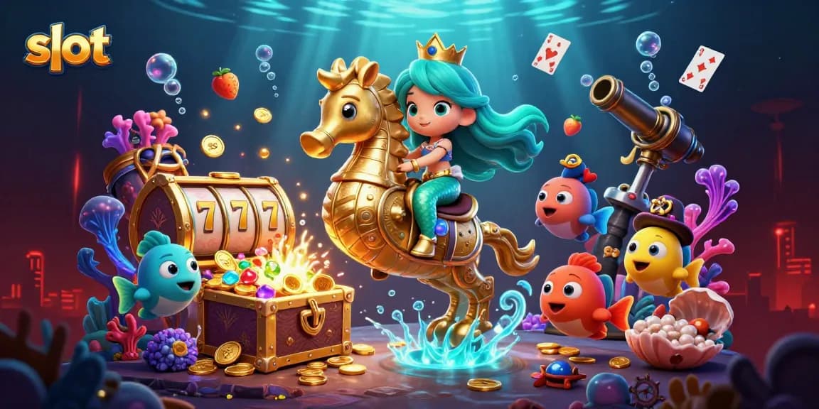 Spin to win with exciting slot symbols in an underwater casino adventure illustration.