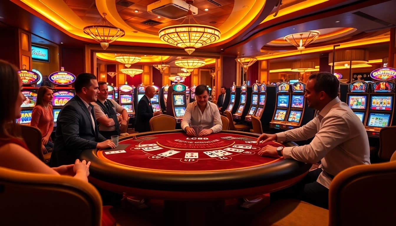 LC88 blackjack table in a lively casino scene showcasing excitement and elegance.