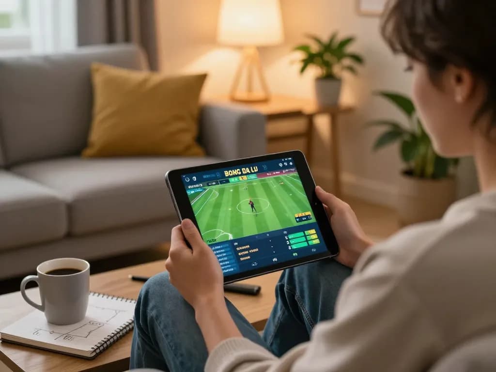 bong da lu sports betting on tablet in cozy home setting with notebook and coffee