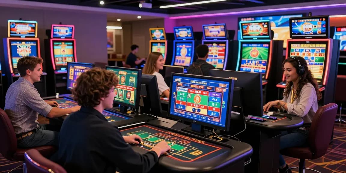 Dynamic scene of players enjoying credit card casinos, engaging in gaming amid vibrant colors and excitement.