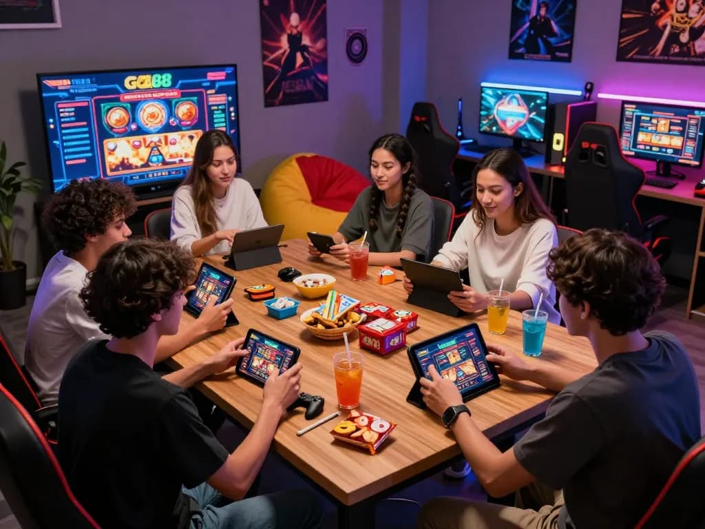 Friends enjoying Go88 online casino games together in a vibrant gaming setup with snacks and drinks.