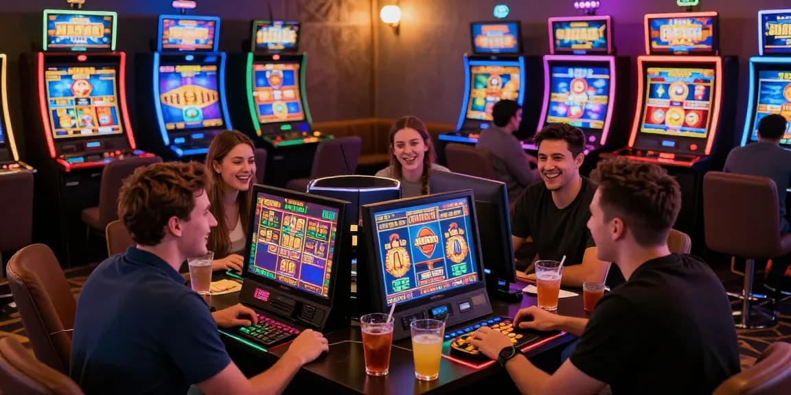 Group enjoying pragmatic slot games at a lively casino.