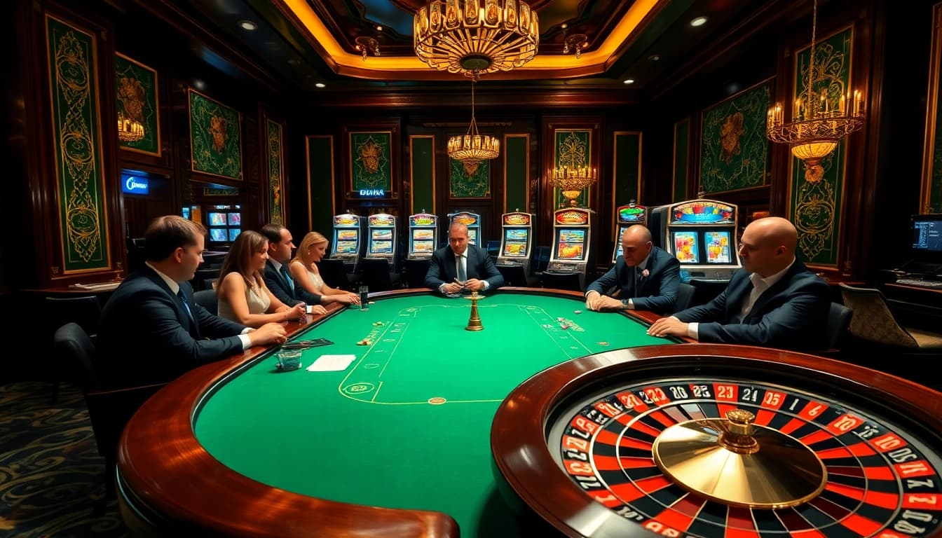 Découvrez l'excitation du meilleur casino en ligne avec des joueurs autour d'une table de poker luxueuse.
