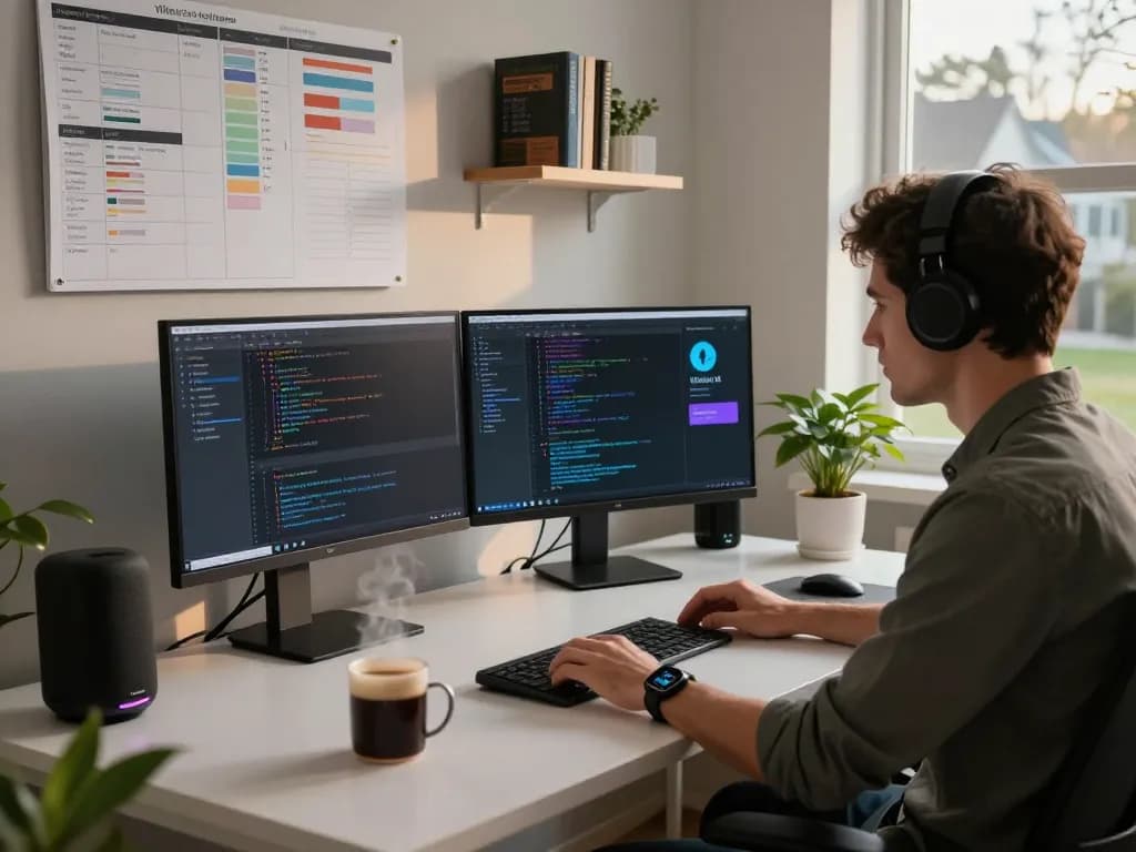 Moltbot AI user engaged in coding tasks with innovative tech setup in a modern home office.