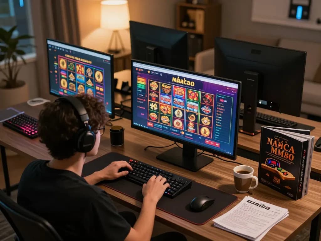 Engaged player exploring Nhà cái MM88 online casino interface, enjoying strategic gameplay from home setup with multiple screens.
