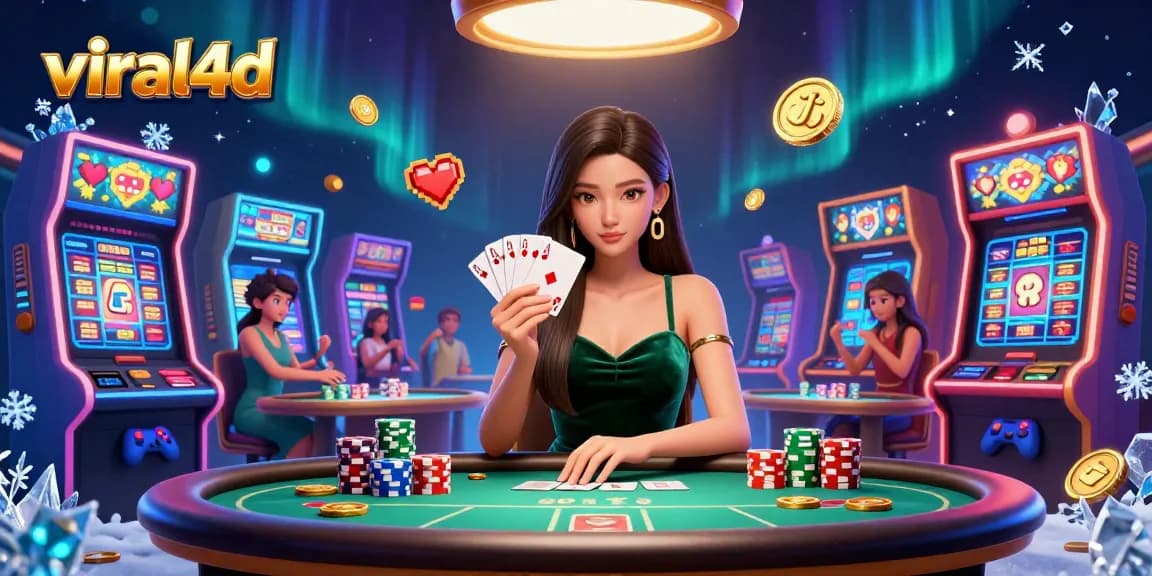 Experience the thrilling atmosphere of viral4d with a focused player at a luxury poker table surrounded by vibrant gaming elements.