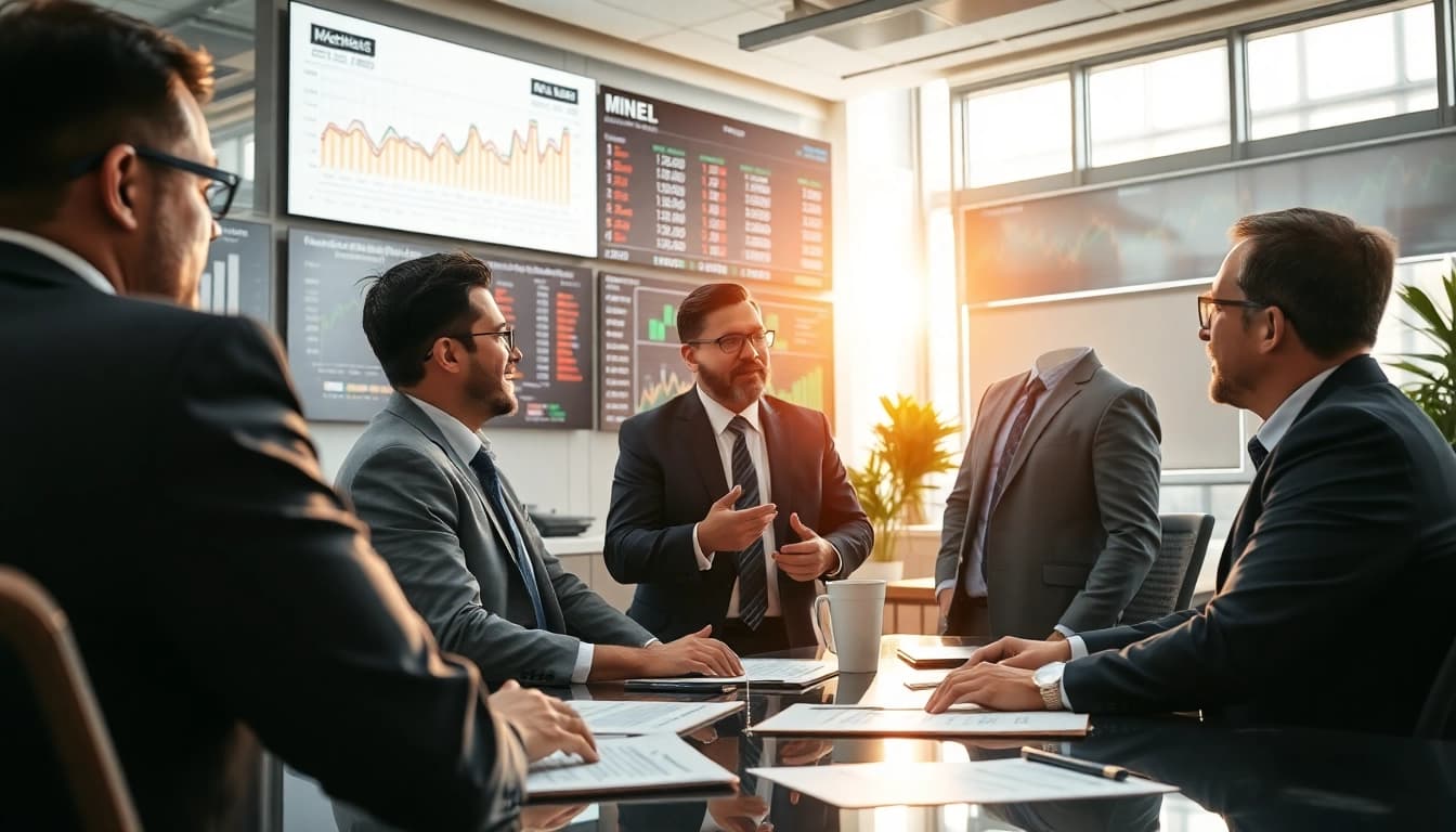 View of ore brokers negotiating deals in a modern office with charts and digital displays.