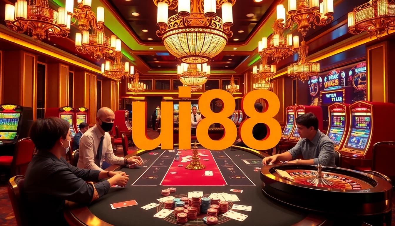 Experience thrilling poker gameplay at uu88's luxurious casino with vibrant colors and engaging players.