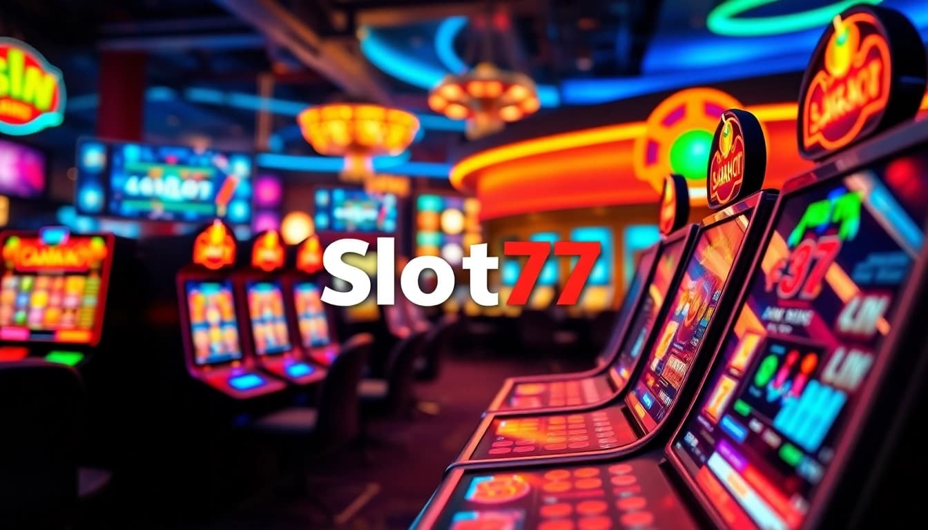 Menangkan di Slot77 dengan mesin slot yang berwarna-warni dan suasana kasino yang hidup.