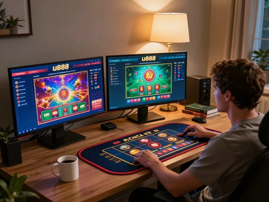 Engaging gameplay on u888 platform in a cozy home gaming setup
