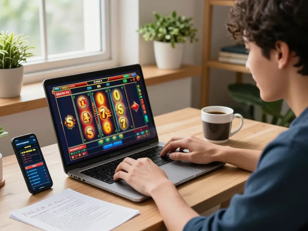 Playing slot terbaru on a laptop during an online gaming session, highlighted by engaging visuals and strategic notes.
