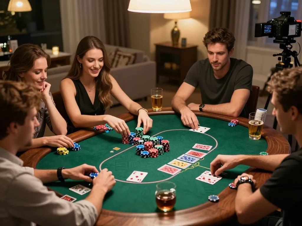 Friends playing poker at home, showcasing thrilling vipwin gaming experience with lively atmosphere.