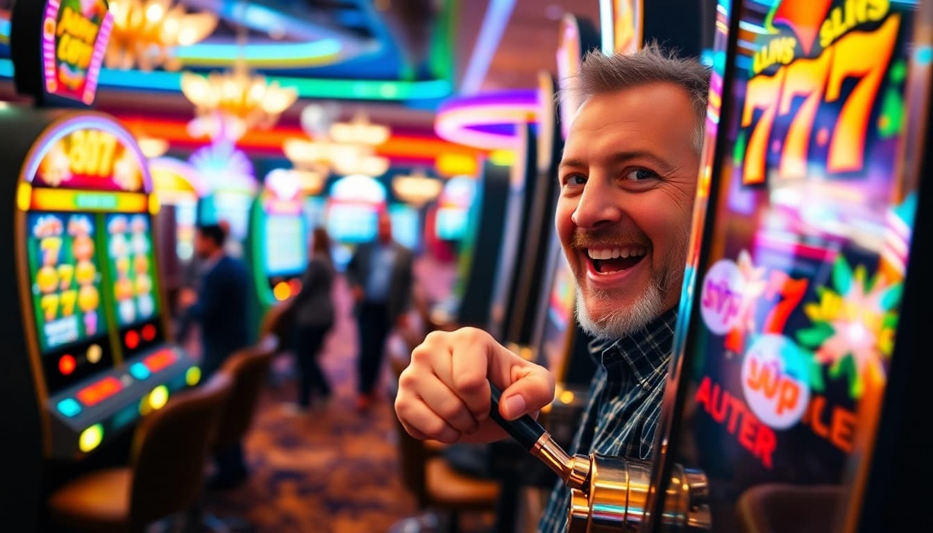 Engage with slot777 at a bustling casino, showcasing excitement and winning moments.