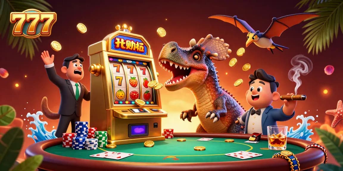 Players at 777 slots celebrate as a pachycephalosaurus wins a jackpot, surrounded by casino elements.