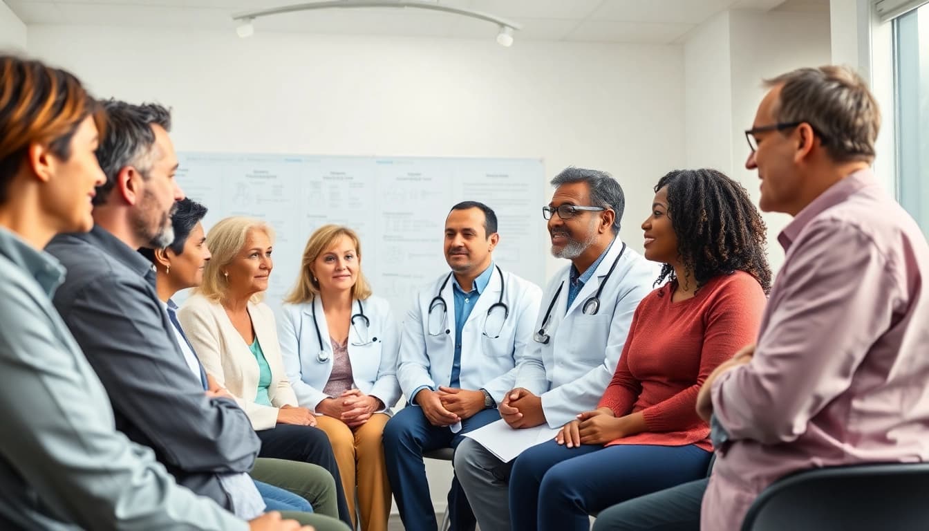 Patients discussing the ADAPTABLE Aspirin Study with healthcare professionals in a clinical setting.
