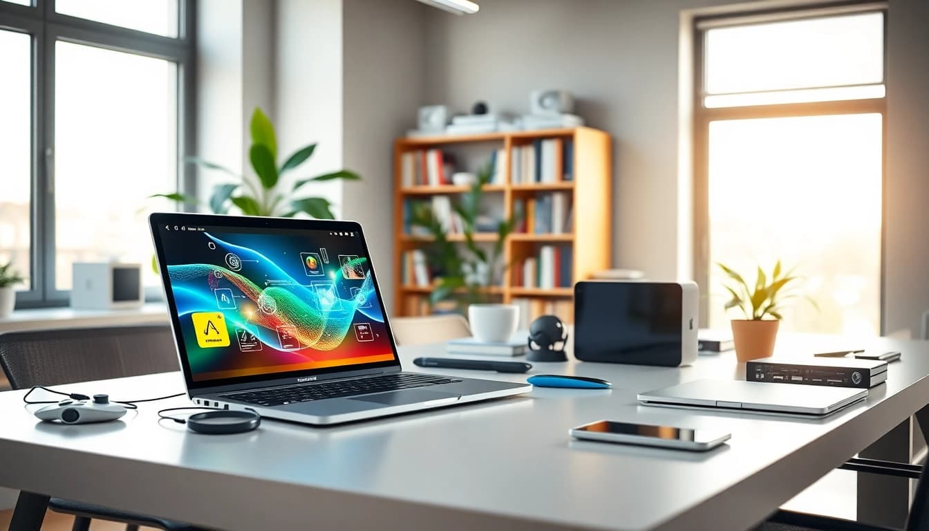 Engaging technology workspace showcasing modern devices and a high-tech laptop.