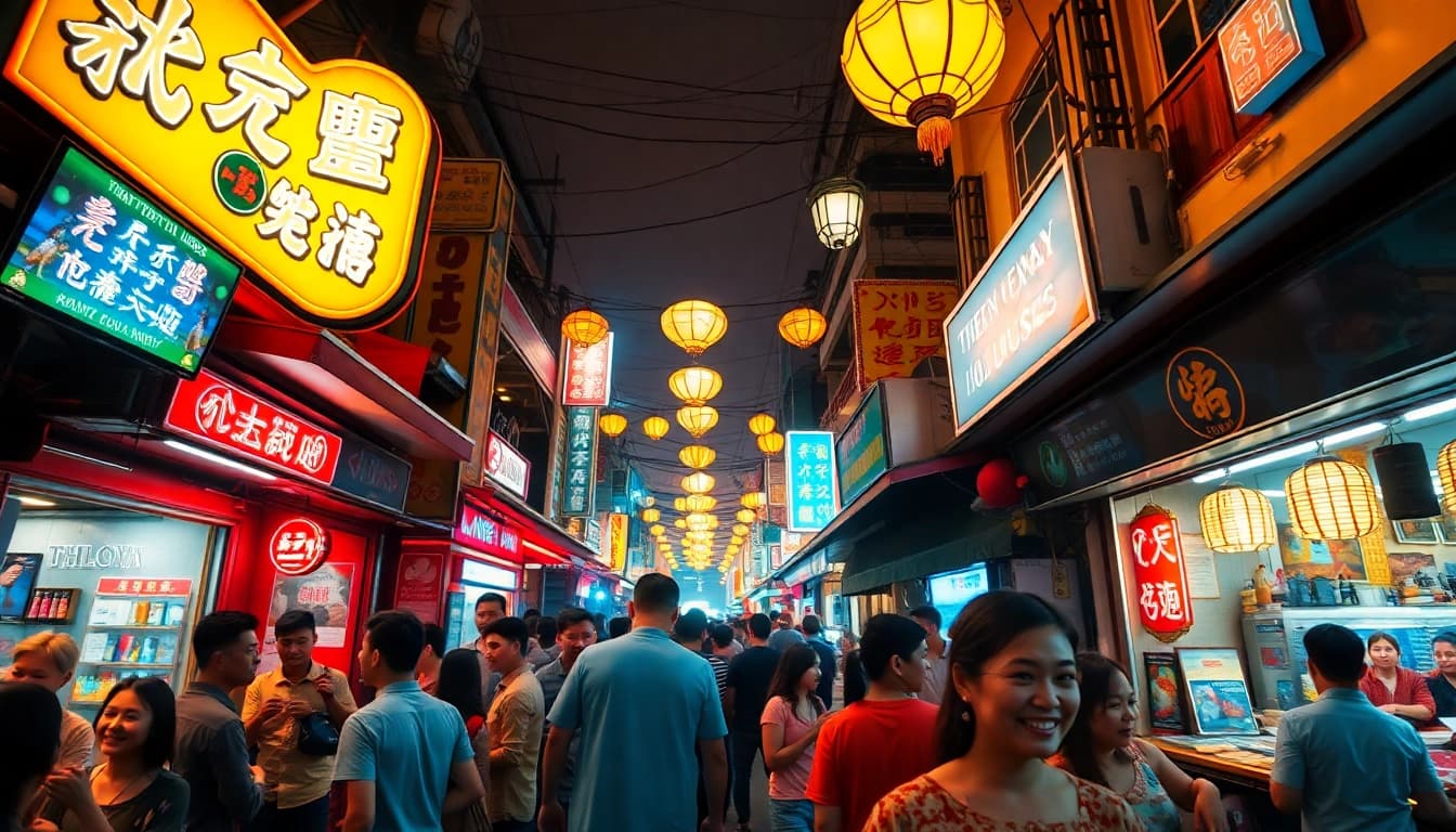 Vibrant scene of 베트남밤문화 showing nightlife with bars, neon lights, and entertainment.