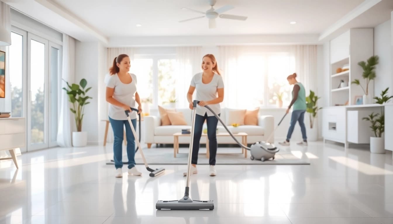 Showcasing a professional cleaning service team revitalizing a home, ensuring a pristine environment.