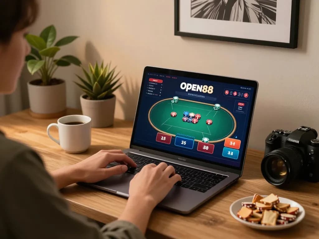 Engaging in Open88 online casino gaming while strategizing poker bets in a cozy home setup