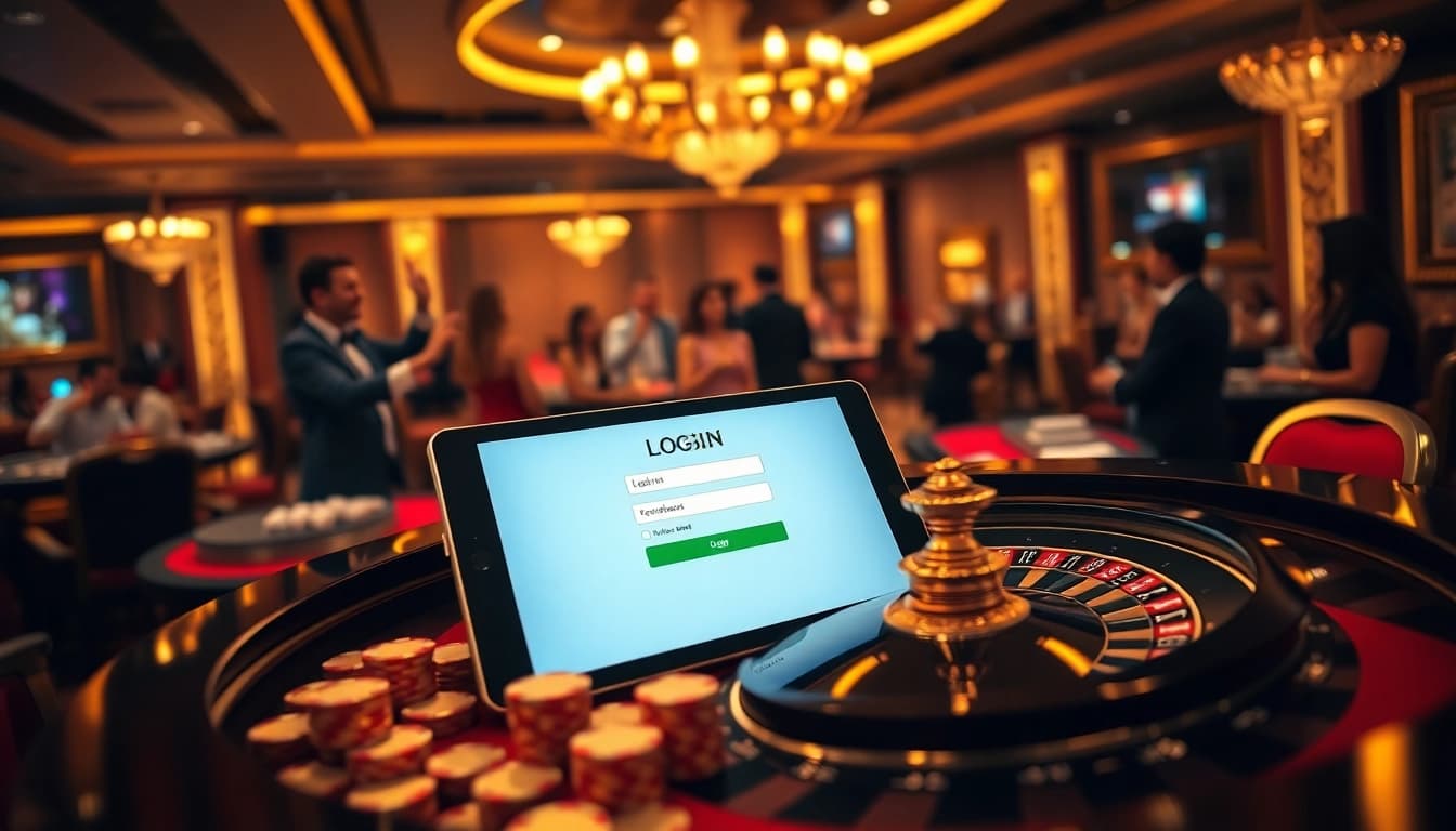 Exciting login aresgacor interface against a luxurious casino backdrop with players celebrating wins.