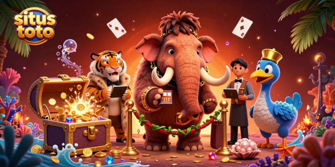 Situs toto casino illustration featuring a woolly mammoth bouncer checking IDs, saber-tooth tiger VIP, and vibrant gaming elements.